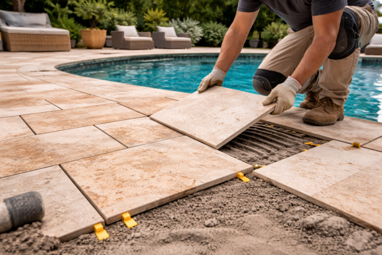 travertine pool deck tile installation in {city}