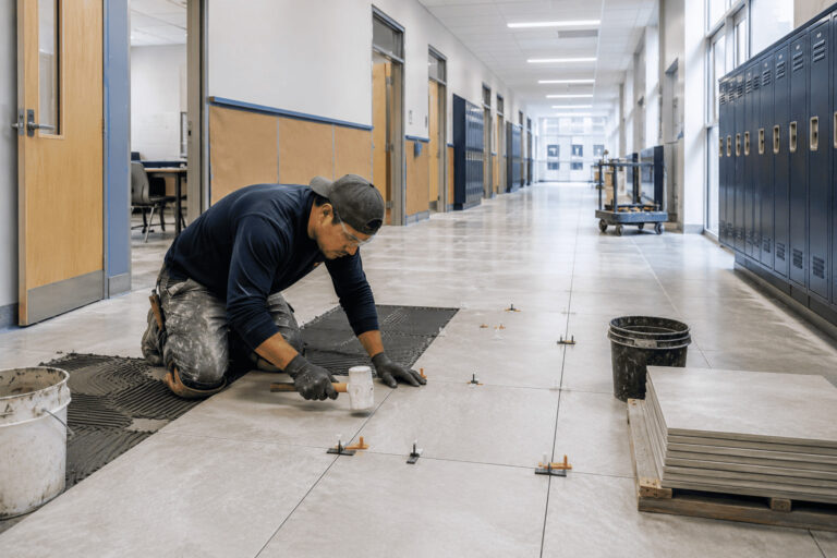 Experienced tile installer laying porcelain floor tiles in a renovated school hallway in {city}