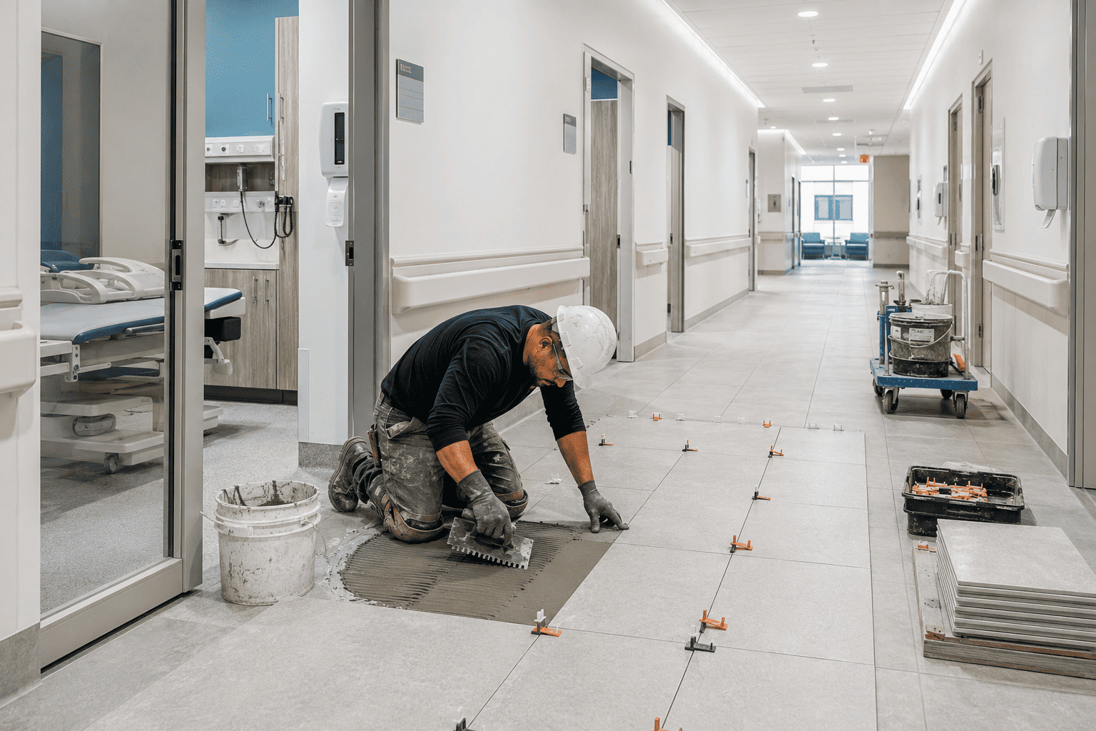 Commercial tile contractor installing slip-resistant ceramic flooring in a healthcare facility corridor in {city}