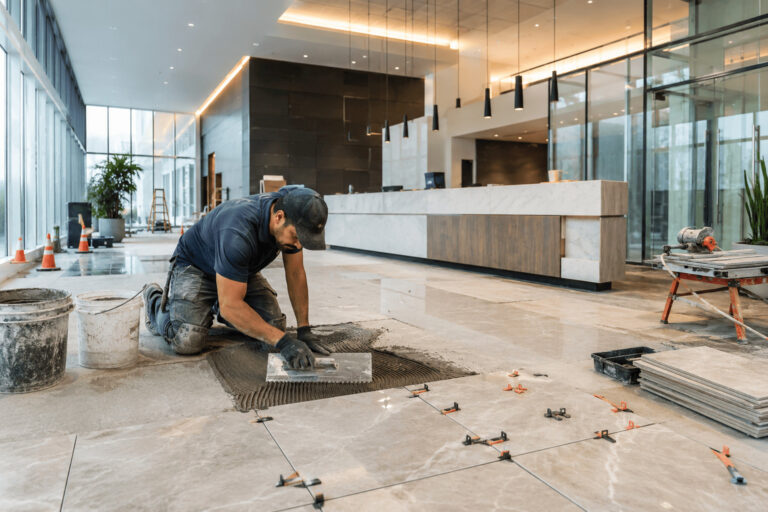 Professional tile installer in {city} laying porcelain floor tiles in an office reception area