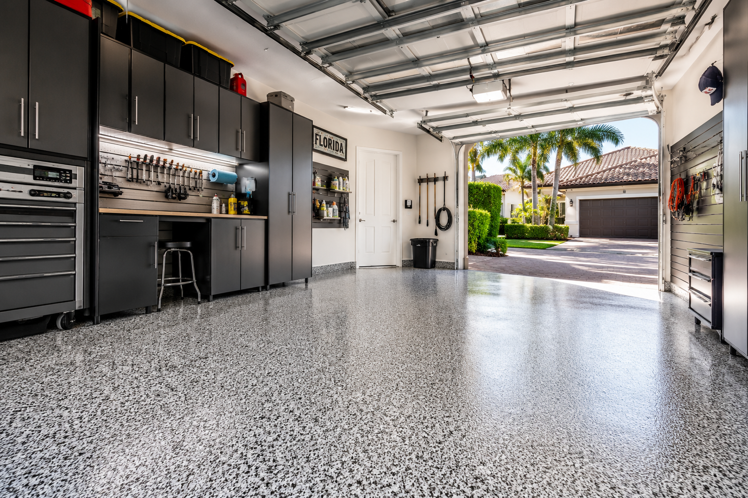 Residential garage with decorative epoxy flooring in Centerview.